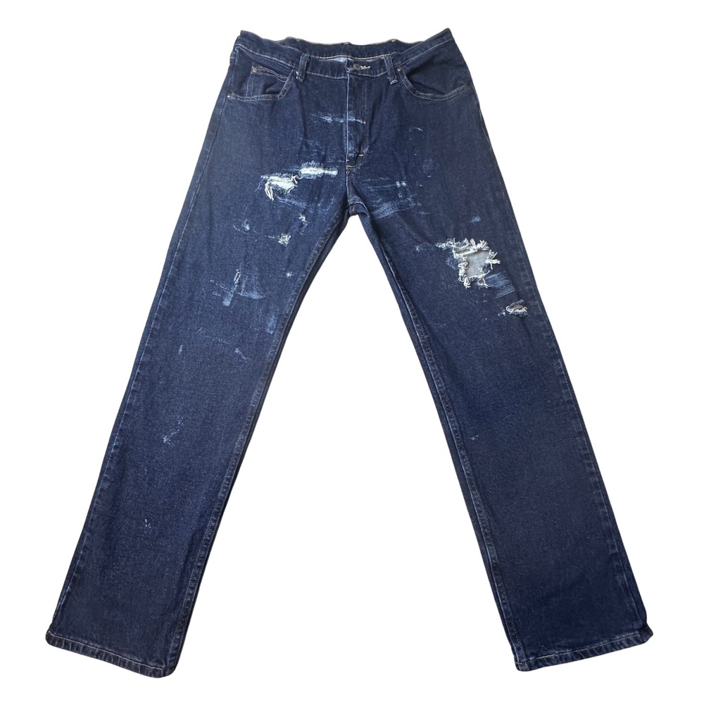 Wrangler Jeans Mens 34x32 Blue Distressed Ripped Straight Leg Denim 1096FXVMF